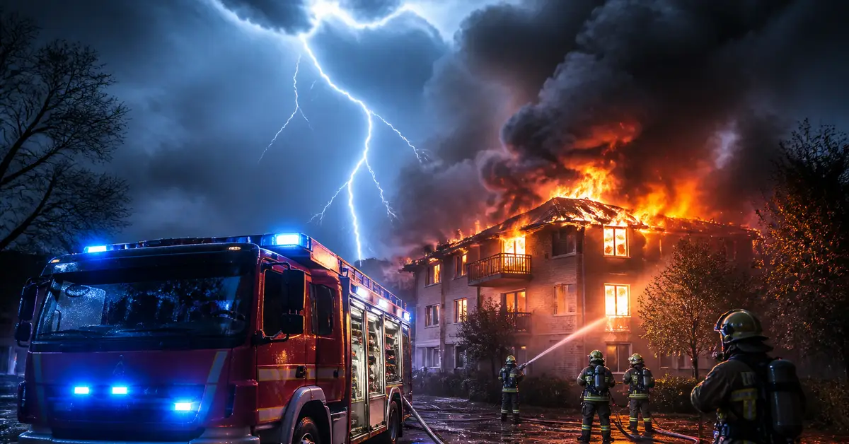 Снимка Copyright © 7kefa.com Пожарникари гасят горяща сграда при гръмотевична буря със светкавици и пожарна кола на преден план.