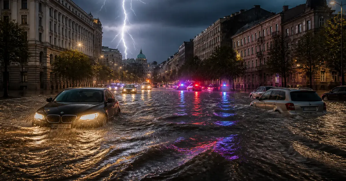 Снимка Copyright © 7kefa.com Наводнена градска улица през нощта със светкавица и автомобили в дълбока вода