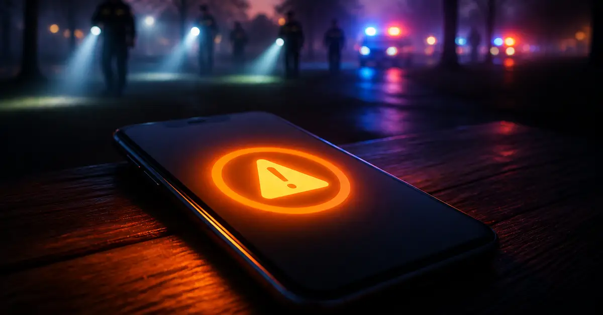Снимка Copyright © 7kefa.com Смартфон с предупредителен сигнал и полицейска акция с фенерчета през нощта.