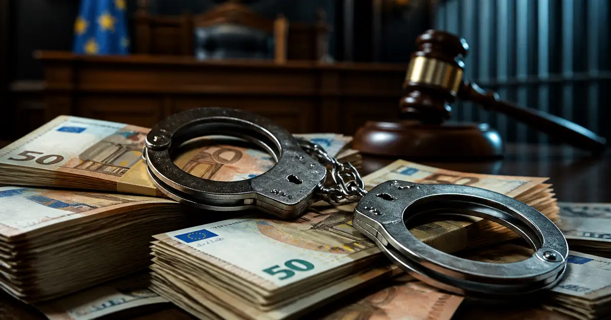 Снимка Copyright © 7kefa.com Белезници върху пачки с 50 евро и съдийско чукче, символизиращи правосъдие и финансови престъпления.