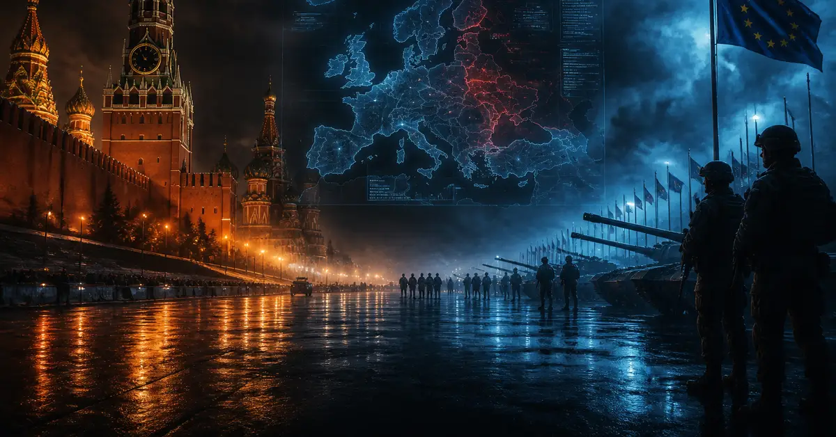 Снимка Copyright © 7kefa.com Геополитически конфликт между Русия и ЕС с танкове, войници и военна карта на Европа.
