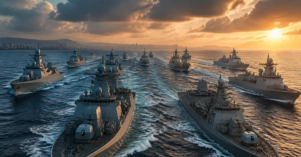 Снимка Copyright © 7kefa.com Модерни военни кораби в морето при залез. Флот в бойна формация.