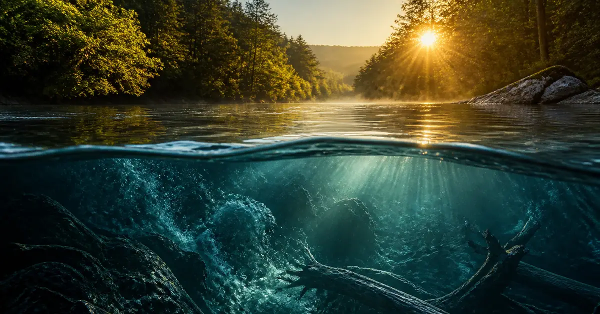 Снимка Copyright © 7kefa.com Изглед над и под водата на река при изгрев със слънчеви лъчи, гора и подводни скали.
