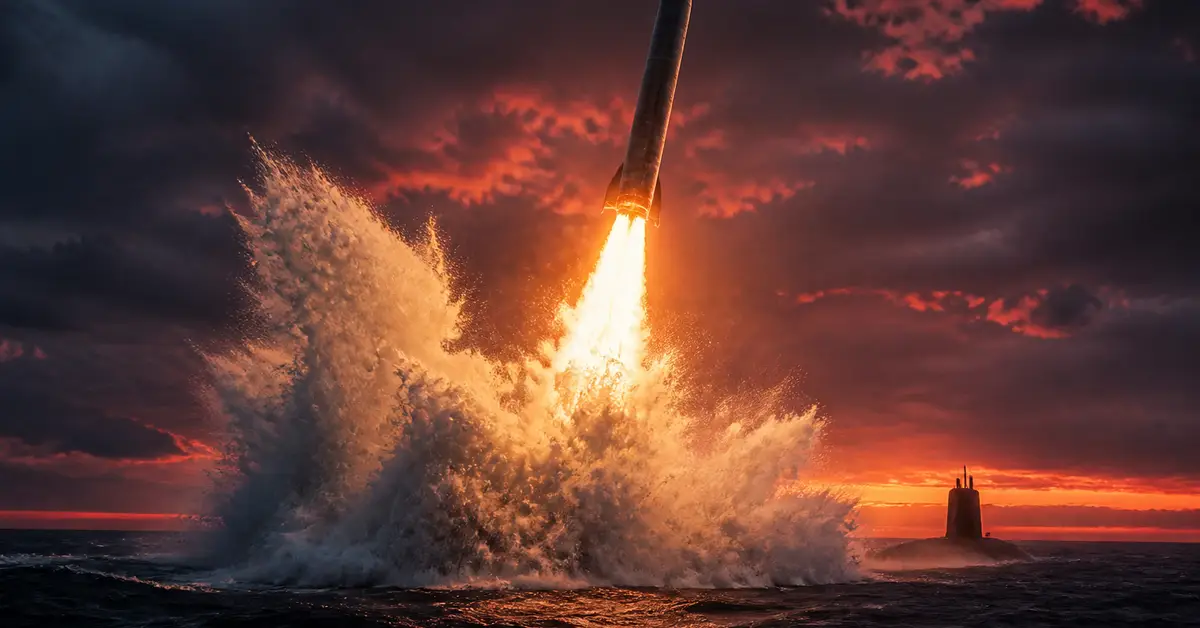 Снимка Copyright © 7kefa.com Изстрелване на ракета от подводница в морето при залез с големи водни пръски