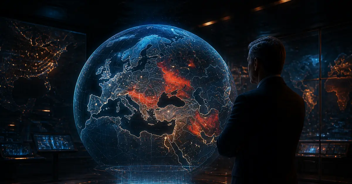 Снимка Copyright © 7kefa.com Мъж в костюм наблюдава голям дигитален холографски глобус на Земята в модерна командна зала.