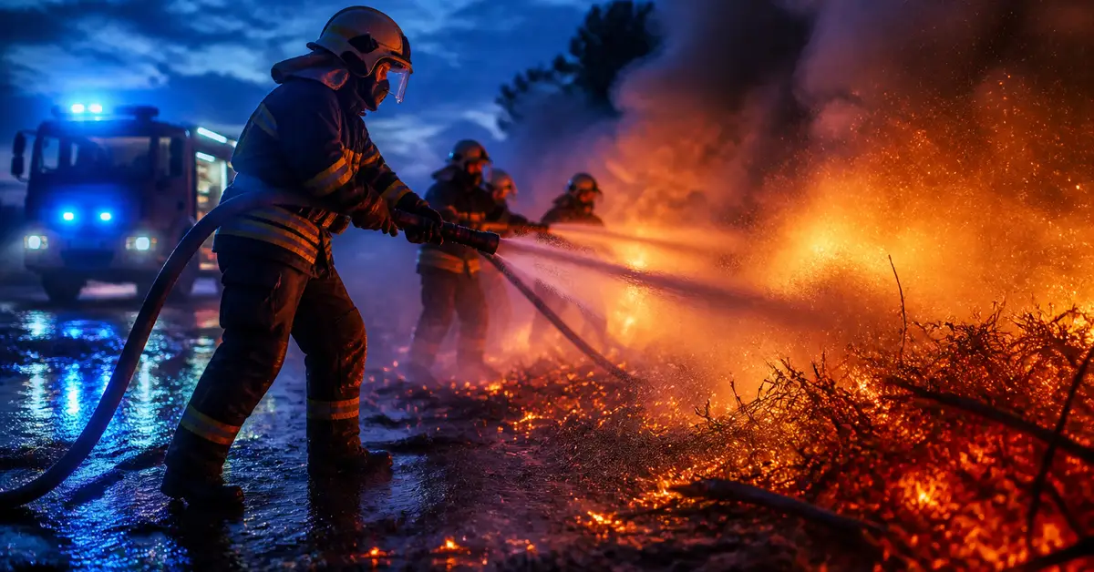 Снимка Copyright © 7kefa.com Пожарникари гасят пожар през нощта с водна струя и пожарна кола на заден план