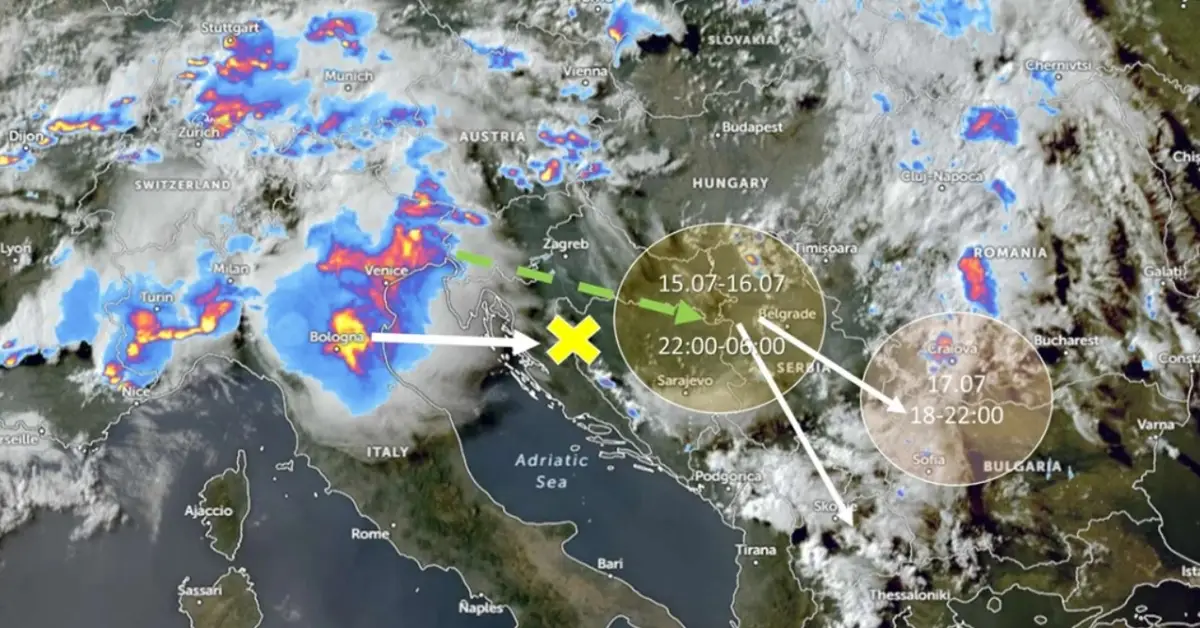 Meteo Balkans предупреждава: Гръмотевични бури и риск от градушки в части от България Сателитна карта с прогноза за движение на бури и интензивни валежи над Балканите и Централна Европа.