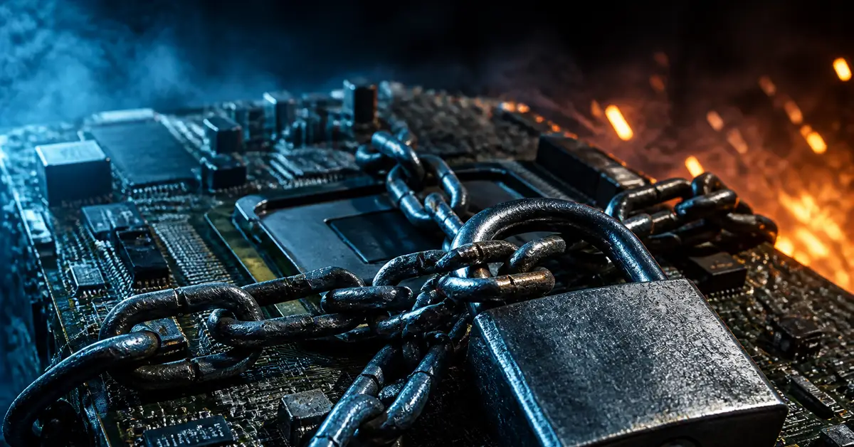 Снимка Copyright © 7kefa.com Компютърна платка с вериги и катинар, символизираща киберсигурност и защита на данни.