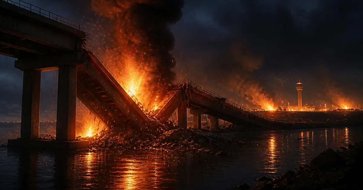 Снимка Copyright © 7kefa.com Срутен и горящ мост над вода през нощта с летищна кула на заден план