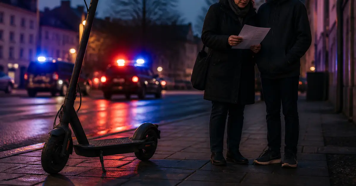 Снимка Copyright © 7kefa.com Електрическа тротинетка на тротоар и полицейски патрули с включени светлини на градска улица през нощта.