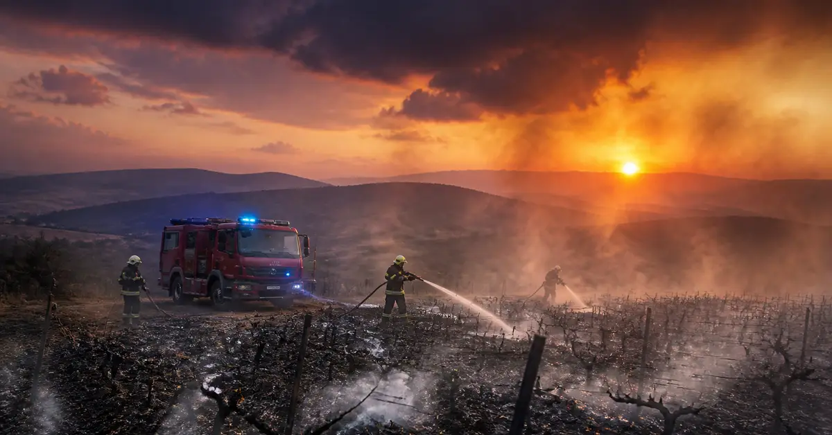 Снимка Copyright © 7kefa.com Пожарникари гасят пожар в поле при залез слънце с помощта на пожарен автомобил.