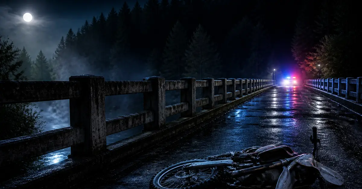 Снимка Copyright © 7kefa.com Катастрофирал мотор на мокър мост през нощта с полицейски светлини и пълнолуние над гората.