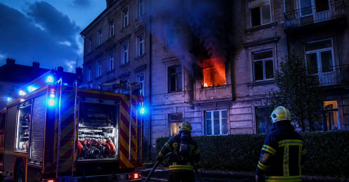 Снимка Copyright © 7kefa.com Пожарникари и пожарна кола пред горяща жилищна сграда през нощта.