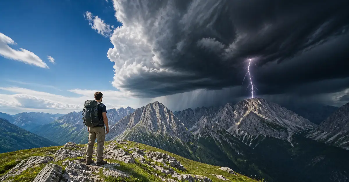 Снимка Copyright © 7kefa.com Турист с раница на планински връх наблюдава драматична буря със светкавици.