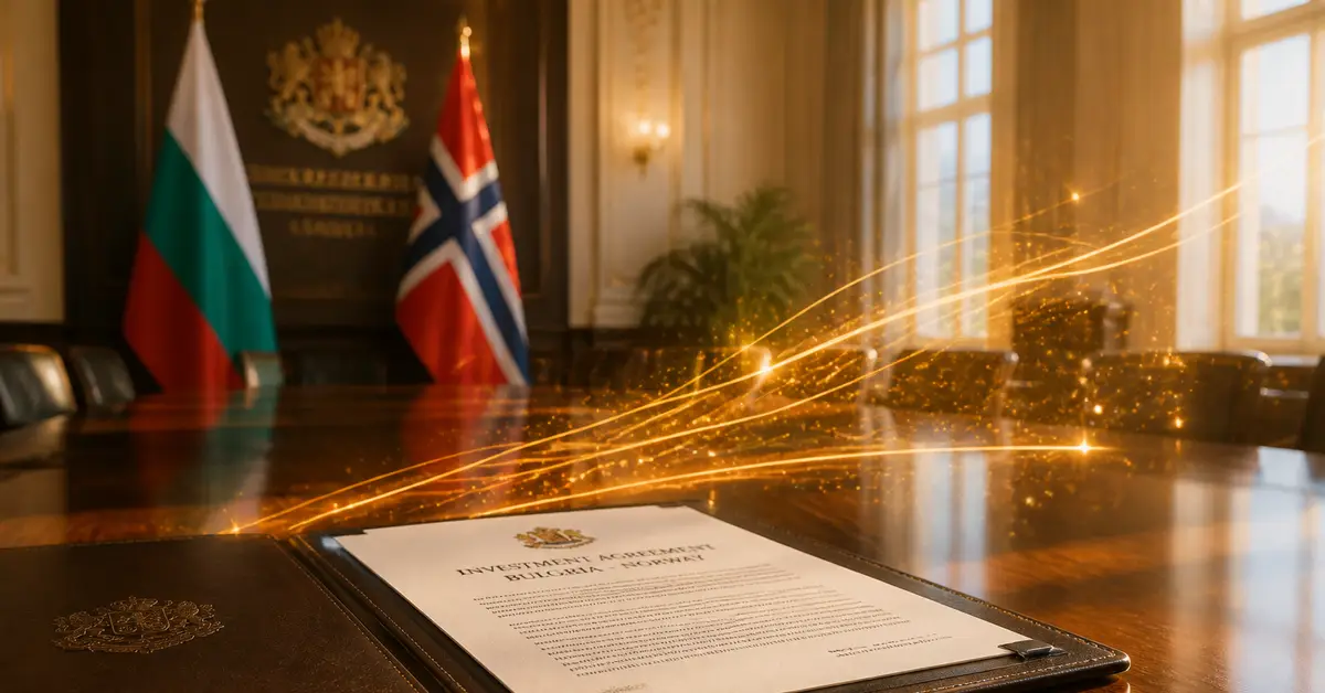 Снимка Copyright © 7kefa.com Инвестиционно споразумение между България и Норвегия върху официална маса пред националните знамена.
