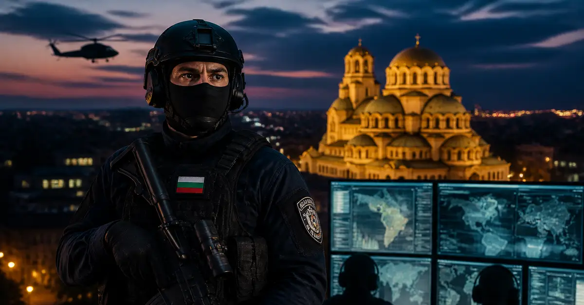 Снимка Copyright © 7kefa.com Български спецчасти пред катедралата Александър Невски в София с хеликоптер и монитори за наблюдение