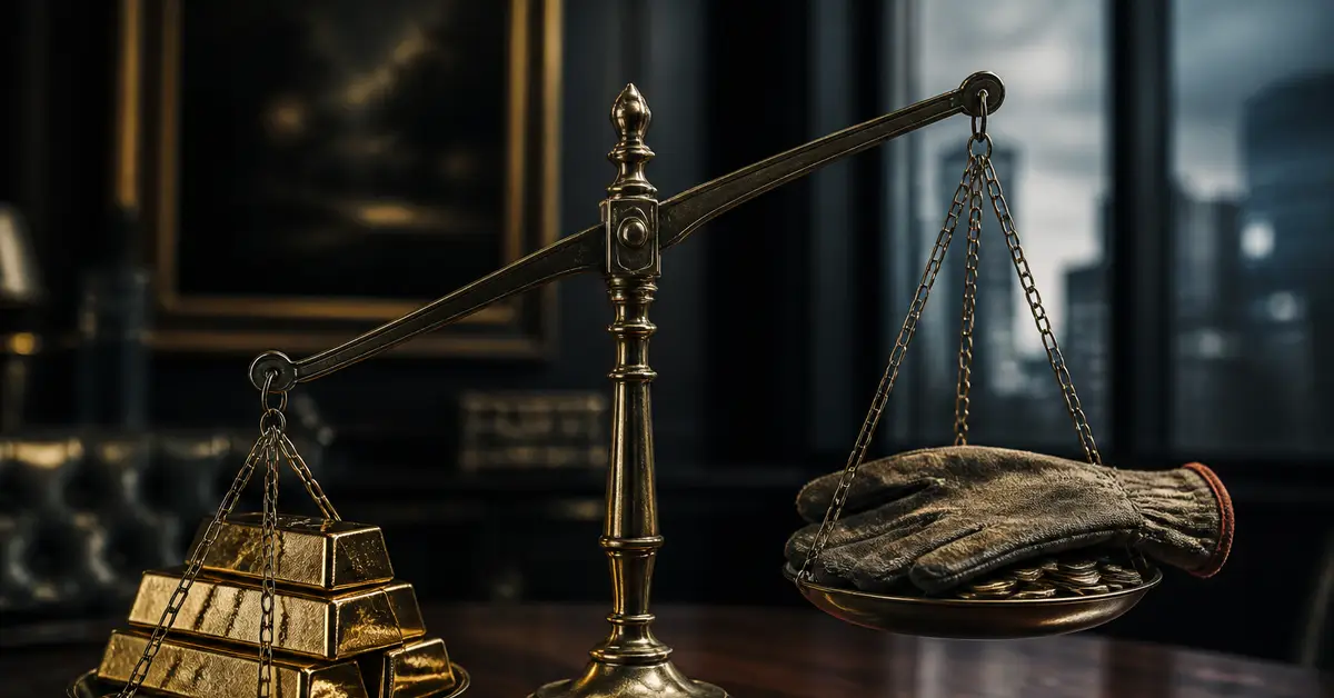 Снимка Copyright © 7kefa.com Везни със златни кюлчета и работна ръкавица, символизиращи баланса между богатство и труд