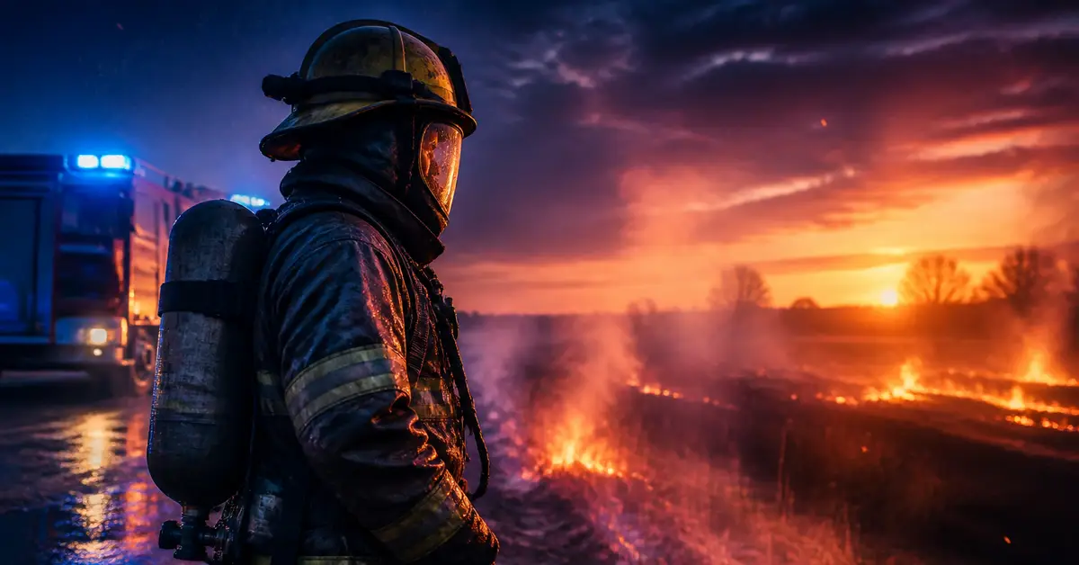 Снимка Copyright © 7kefa.com Пожарникар в пълно снаряжение пред горящо поле на фона на залез и пожарна кола