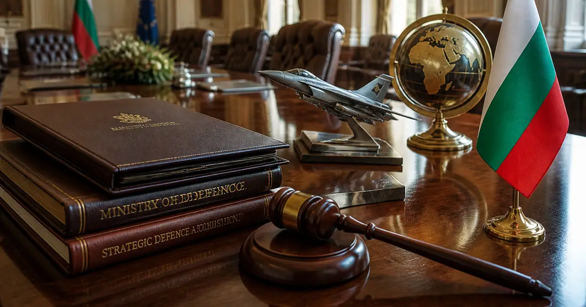 Снимка Copyright © 7kefa.com Книги на Министерството на отбраната, модел на изтребител и българско знаме върху официално бюро.