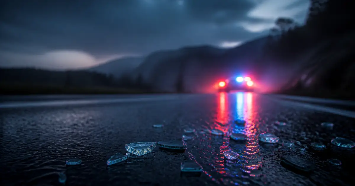 Снимка Copyright © 7kefa.com Счупено стъкло на мокър път и полицейски светлини през нощта след катастрофа