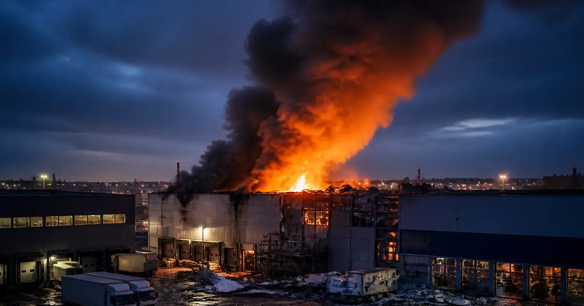 Снимка Copyright © 7kefa.com Огромен пожар в склад през нощта с гъст черен дим и високи пламъци.