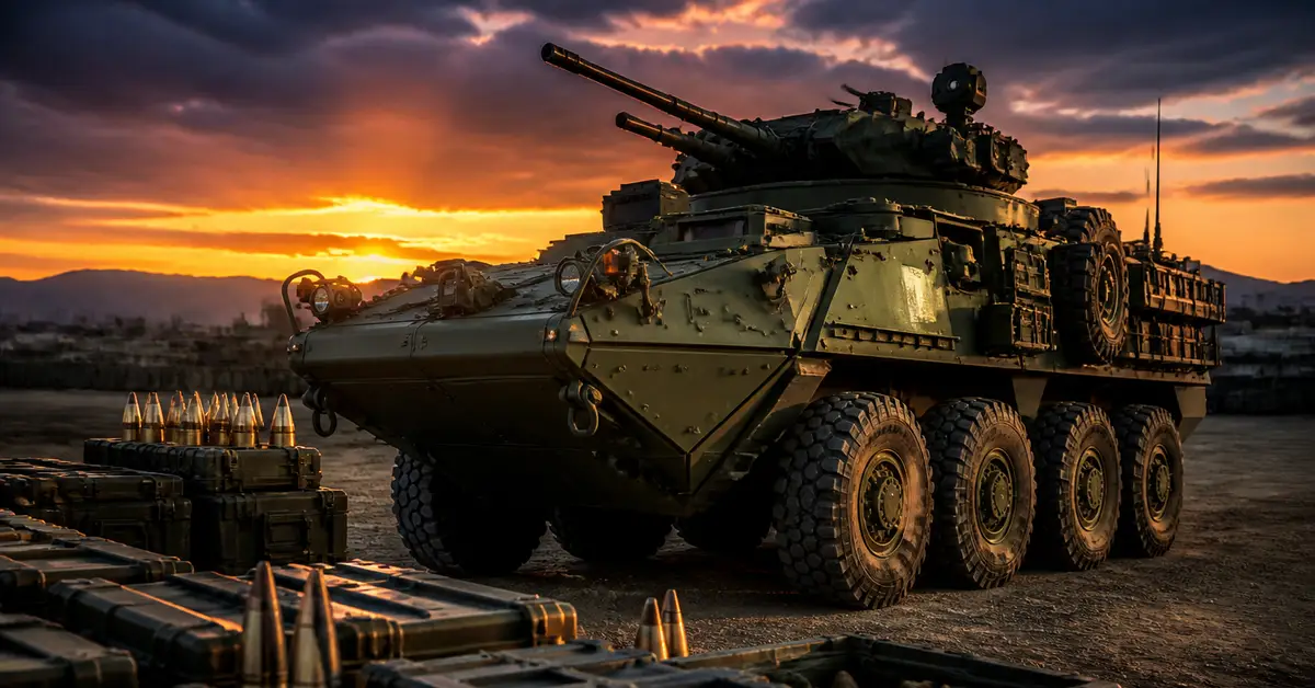 Снимка Copyright © 7kefa.com Бронирана бойна машина с оръдие и боеприпаси на преден план по време на залез.