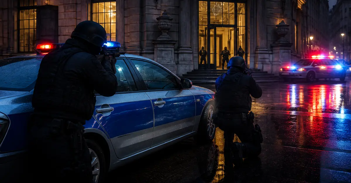 Снимка Copyright © 7kefa.com Въоръжени полицаи от специални части при нощна акция пред сграда с патрулни автомобили и светлини.