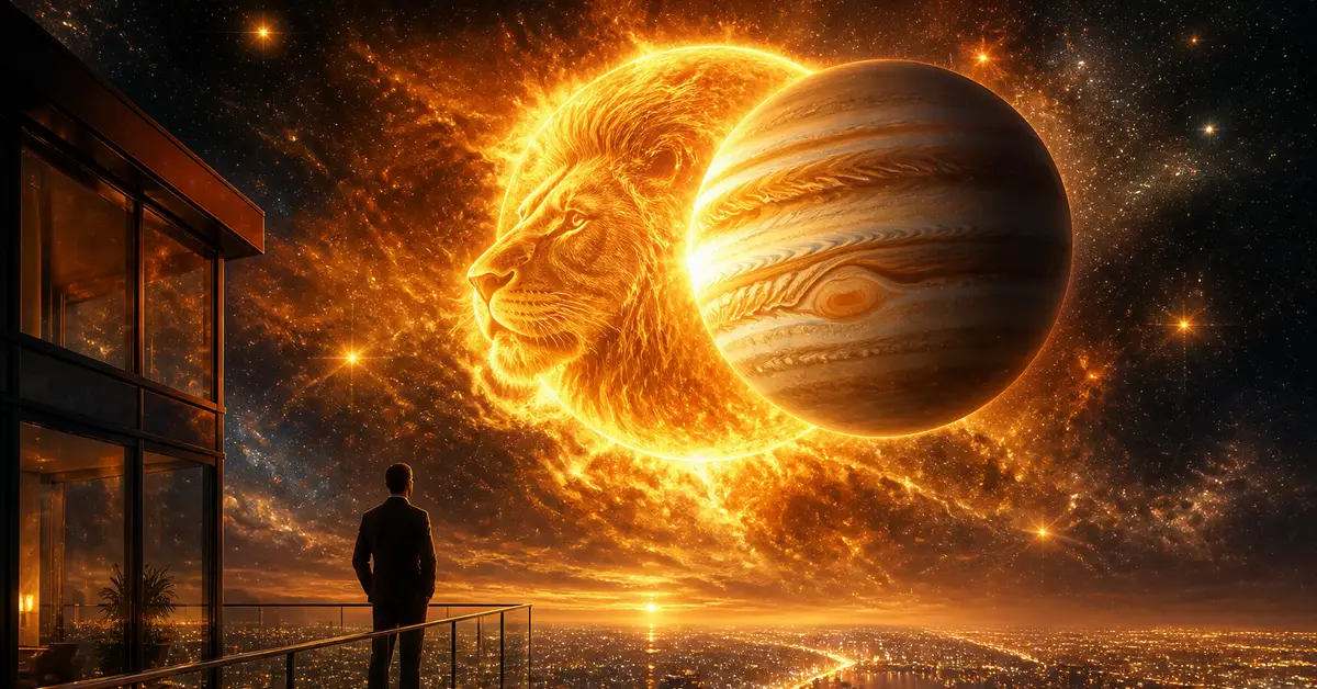 Снимка Copyright © 7kefa.com Мъж на балкон наблюдава огнено слънце с формата на лъв и планетата Юпитер над нощен град.