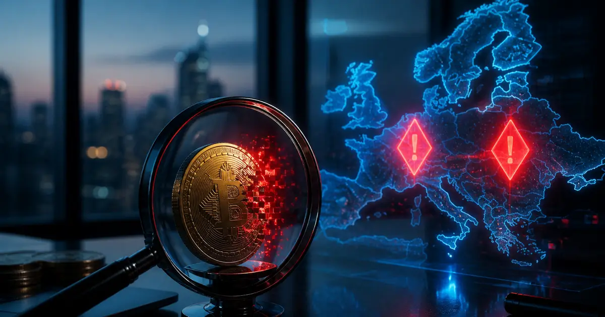 Снимка Copyright © 7kefa.com Биткойн монета под лупа и дигитална карта на Европа с червени предупредителни знаци.