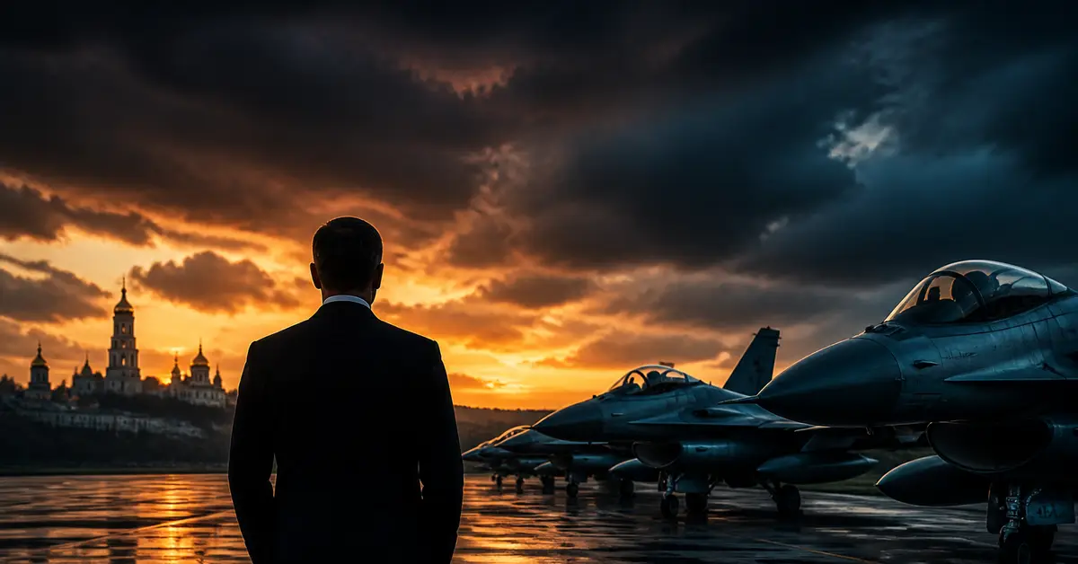Снимка Copyright © 7kefa.com Мъж в костюм пред изтребители F-16 на фона на залез и златни кубета в Киев