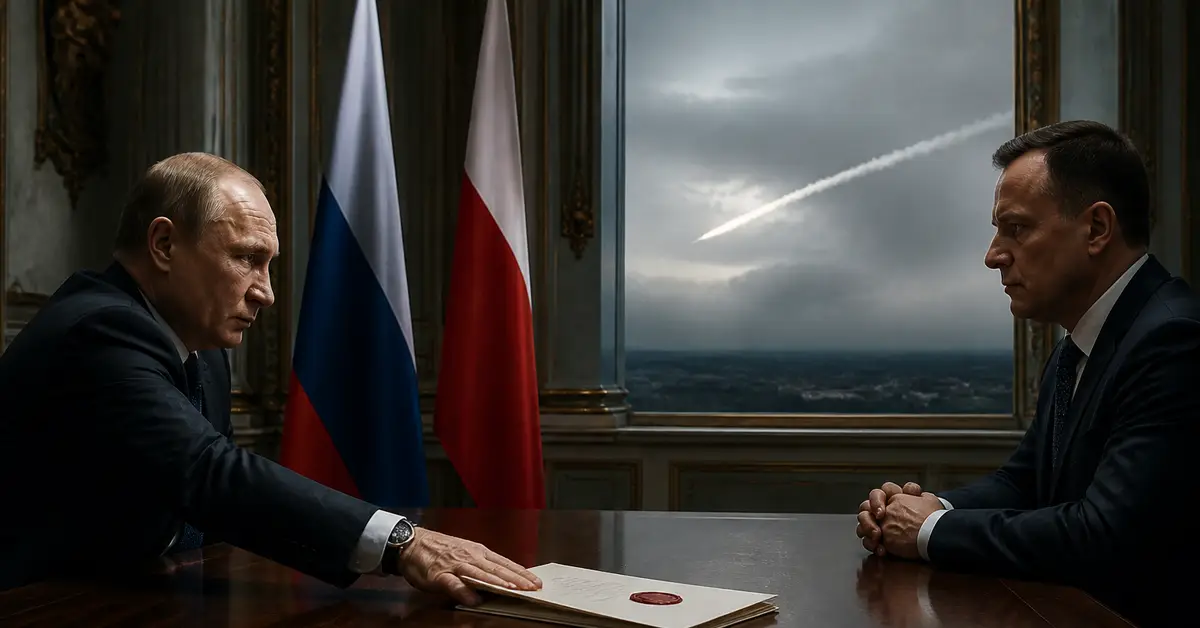 Снимка Copyright © 7kefa.com Владимир Путин и полски политик на преговори пред руското и полското знаме с ракета в небето.