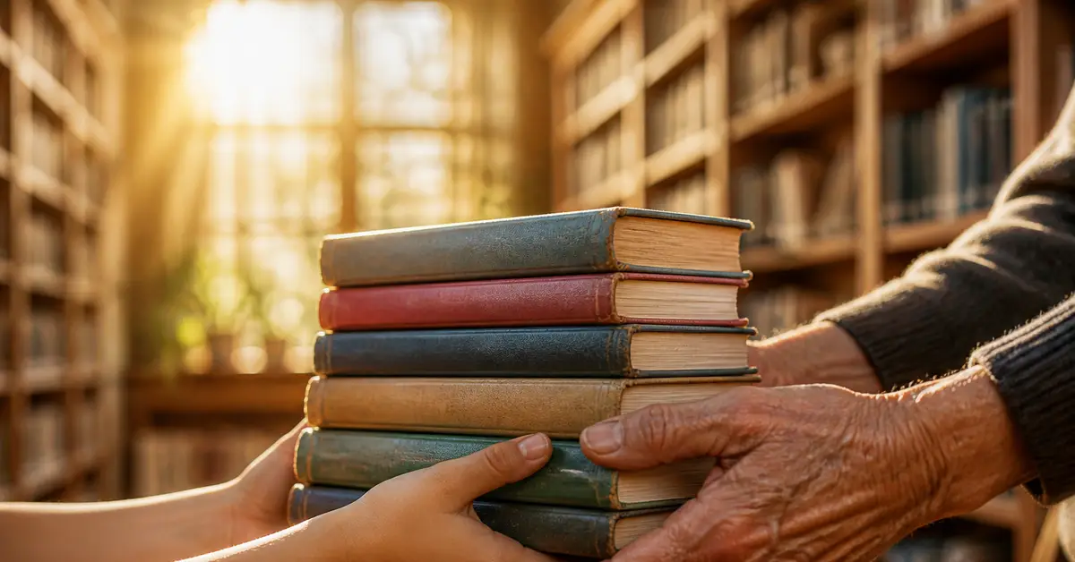 Снимка Copyright © 7kefa.com Възрастен човек подава купчина книги на дете в слънчева библиотека.