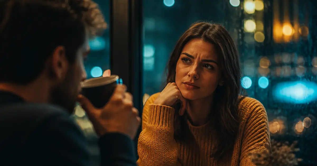 Снимка Copyright © 7kefa.com Замислена жена в кафене вечер разговаря с мъж на фона на размити градски светлини.
