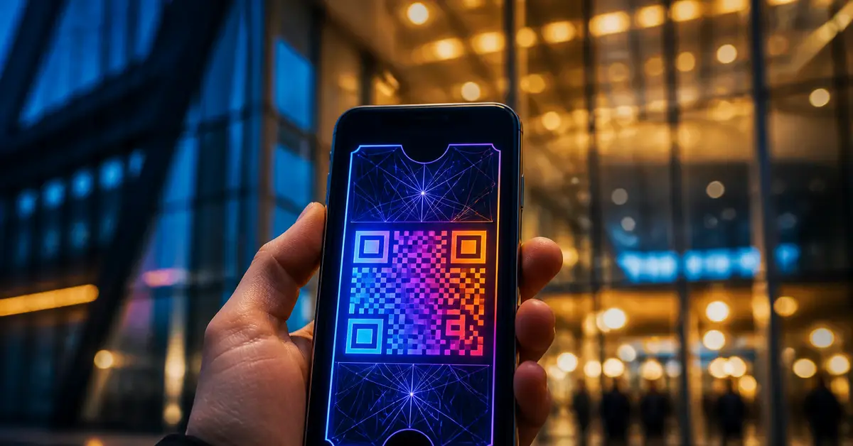 Снимка Copyright © 7kefa.com Смартфон със светещ неонов QR код за дигитален билет на фона на модерна сграда през нощта