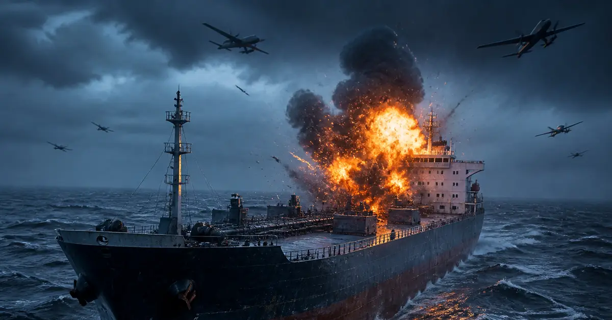 Снимка Copyright © 7kefa.com Експлозия на голям товарен кораб в бурно море под атака от военни самолети.
