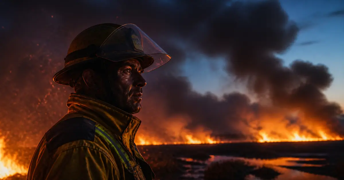 Снимка Copyright © 7kefa.com Пожарникар в профил наблюдава мащабен горски пожар с гъст дим и пламъци на заден план.