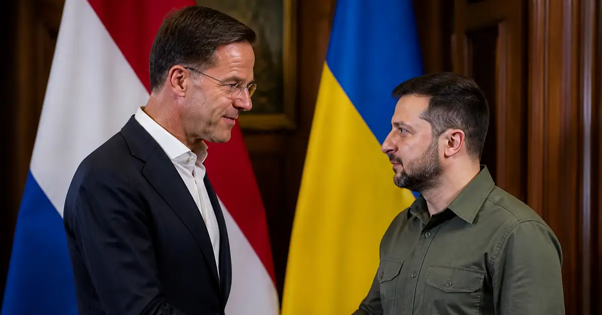 Снимка Copyright © 7kefa.com Марк Рюте и Володимир Зеленски пред знамената на Нидерландия и Украйна.