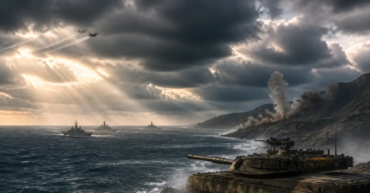 Снимка Copyright © 7kefa.com Военна сцена с танк на брега, бойни кораби в морето и изтребители под драматично небе.