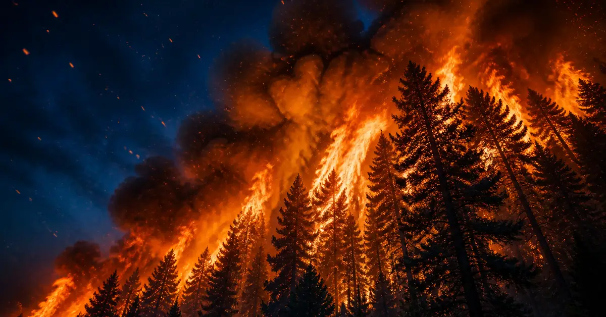 Снимка Copyright © 7kefa.com Драматичен горски пожар в борова гора през нощта с огромни пламъци, искри и гъст дим, издигащ се в небето