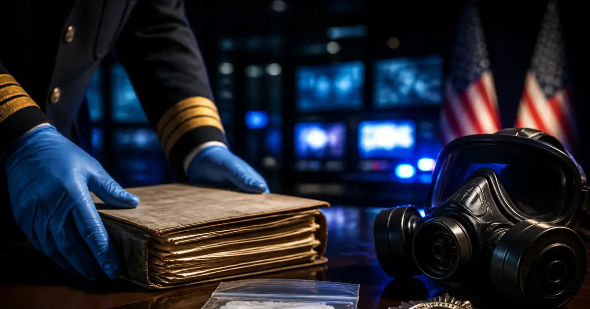 Снимка Copyright © 7kefa.com Служител със сини ръкавици държи стара книга до противогаз и американски знамена.