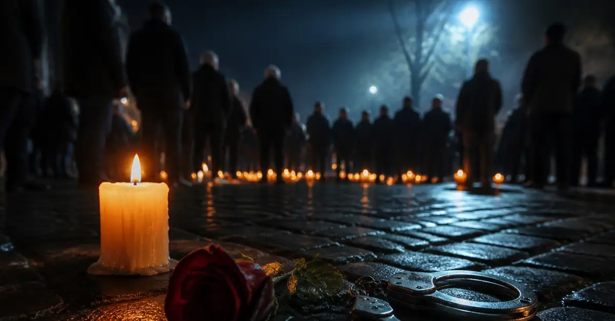 Снимка Copyright © 7kefa.com Свещ, червена роза и белезници на павета пред хора, събрали се на нощно бдение.