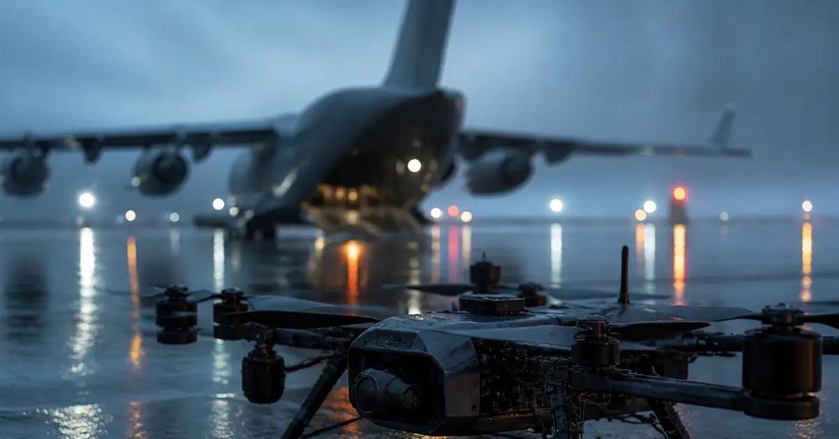 Снимка Copyright © 7kefa.com Военен дрон на мокра писта пред голям транспортен самолет през нощта.