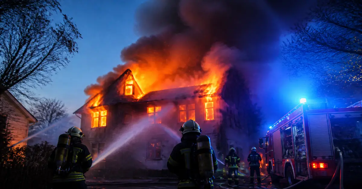 Снимка Copyright © 7kefa.com Пожарникари гасят горяща къща през нощта с мощни водни струи и пожарна кола.