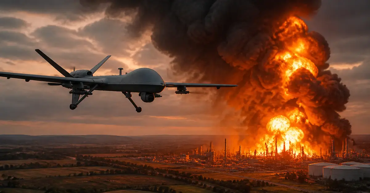 Снимка Copyright © 7kefa.com Военен дрон лети пред огромна експлозия в петролна рафинерия по време на залез.