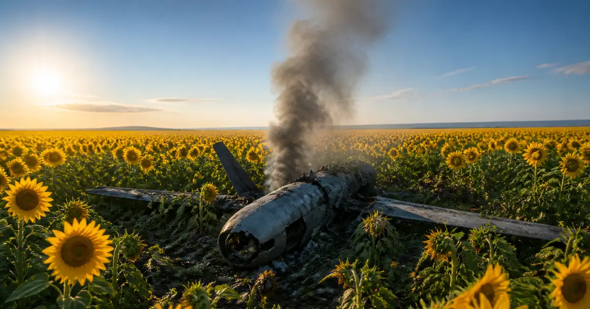 Снимка Copyright © 7kefa.com Свален военен дрон дими насред цъфнало слънчогледово поле при залез.