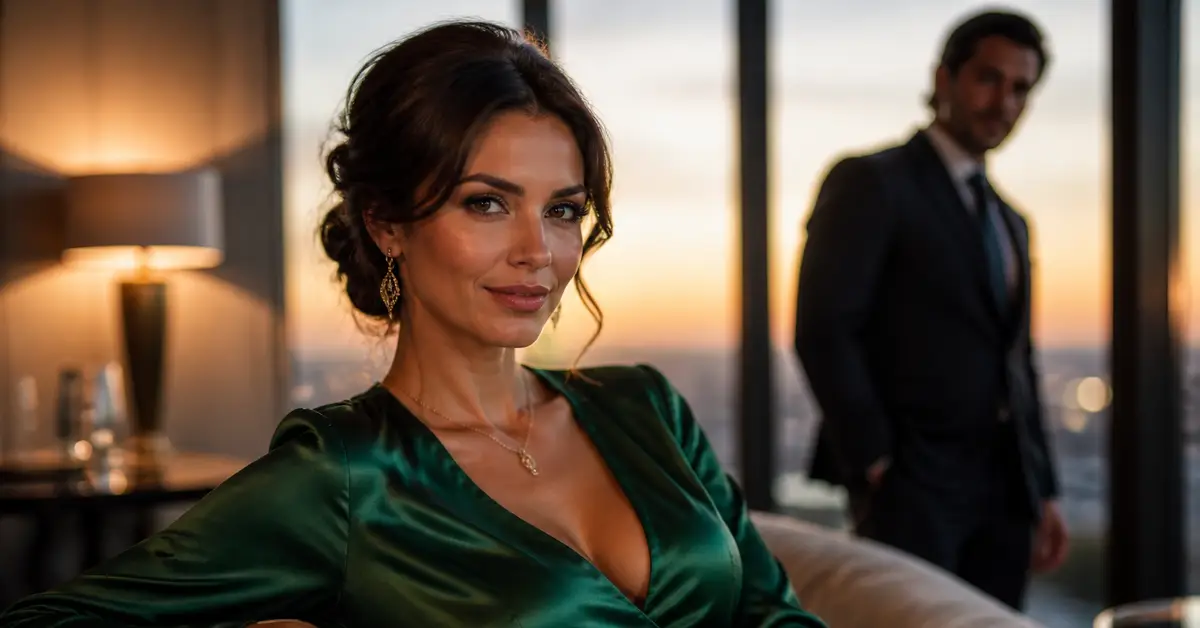 Снимка Copyright © 7kefa.com Елегантна жена в зелена сатенена рокля и мъж в костюм на фона на градски залез в луксозен интериор.