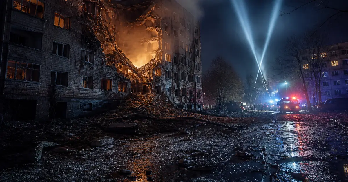 Снимка Copyright © 7kefa.com Разрушена жилищна сграда през нощта с пожар, спасителни екипи и прожектори сред руините