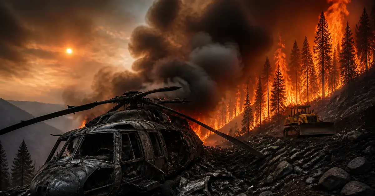 Снимка Copyright © 7kefa.com Разбит хеликоптер и булдозер на фона на мащабен горски пожар и гъст дим в планината.