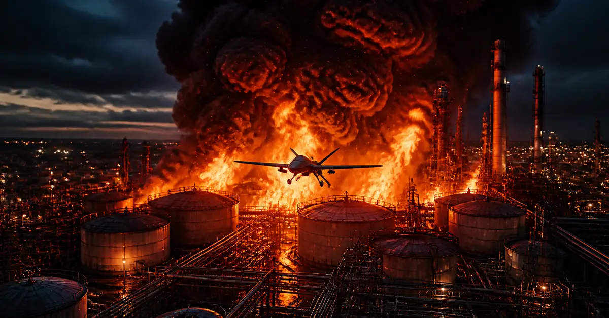 Снимка Copyright © 7kefa.com Дрон лети над масивен пожар в петролна рафинерия с огромни пламъци и гъст дим.