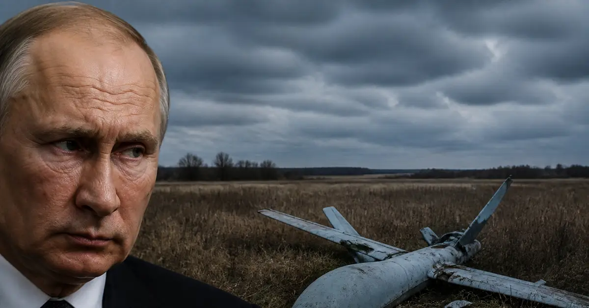 Снимка Copyright © 7kefa.com Владимир Путин и свален военен дрон в полето под облачно небе.